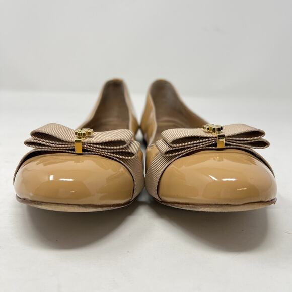 Tory Burch Trudy Flat Tan Patent Leather 7.5 Ballet Bow Logo Classic Neutral - Picture 3 of 16